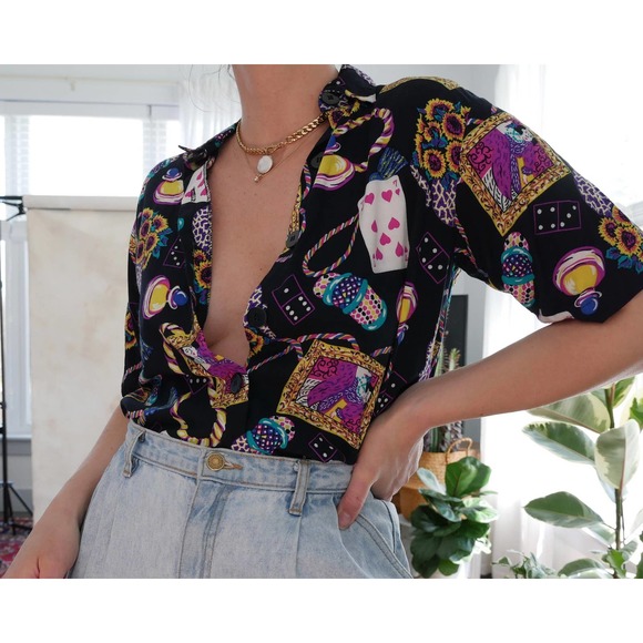 vintage button up shirt collared black multi-color mardis gras graphic printed M - Picture 5 of 5